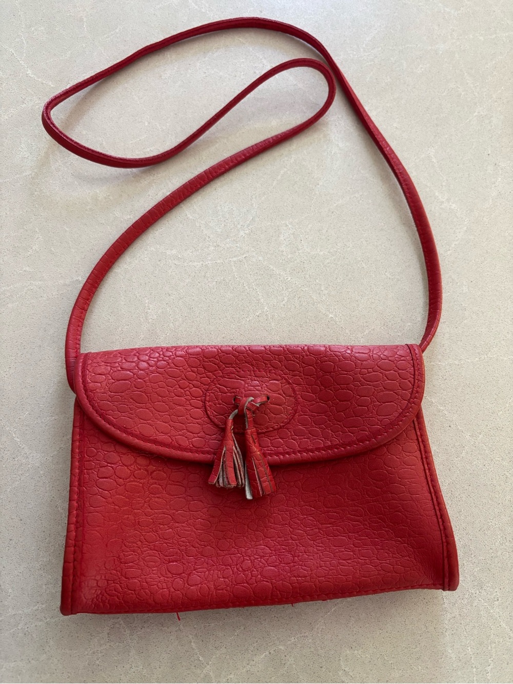 Vintage Red Pebble Grain Leather Envelope Crossbody Bag Tassel Boho Unbranded